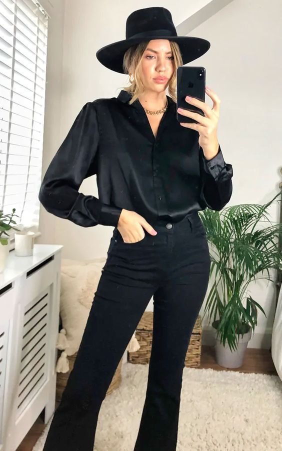 Black Bottom Down Shirt Outfit, Black Silky Button Up Outfit, Black Satin Top Outfit Classy, Black Silk Shirts For Women Classy, Satin Black Top Outfit, Black Satin Shirt Outfit Jeans, Black Jeans And Black Shirt Outfit, Smart Black Outfits Women, How To Style Black Satin Shirt