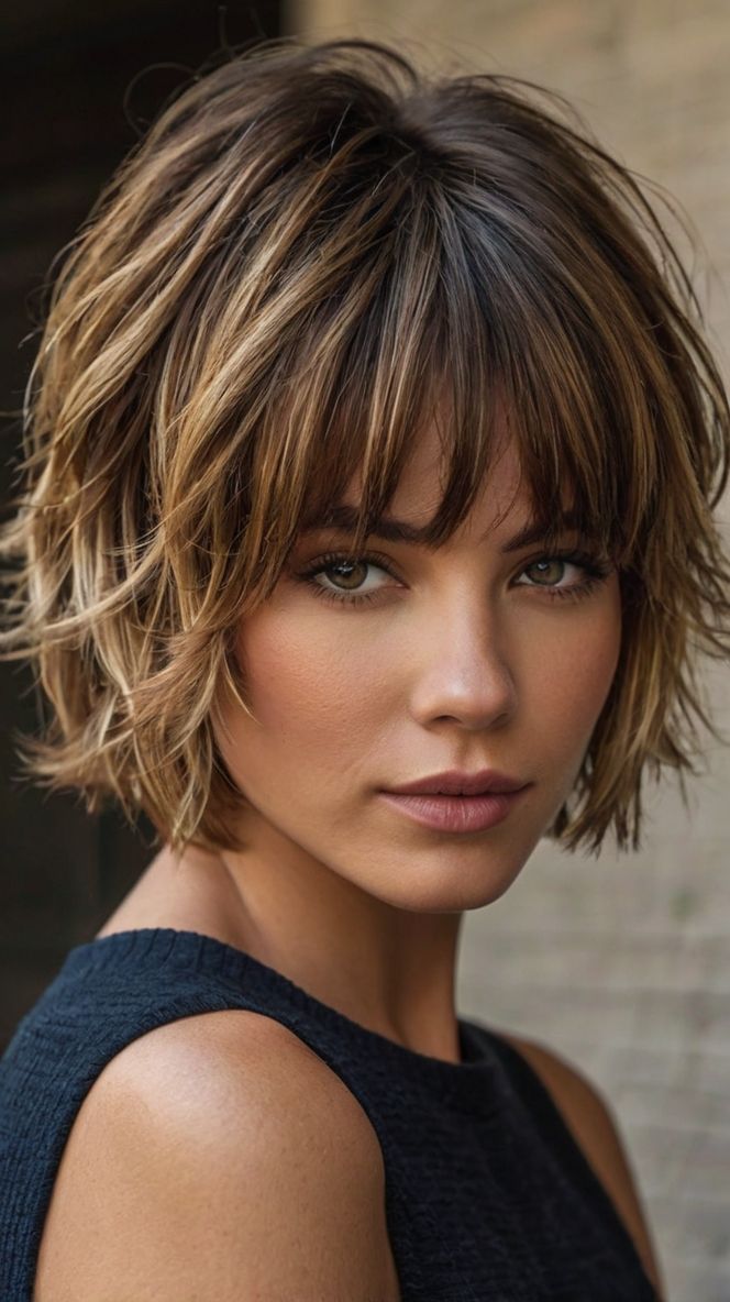 Sleek Short Layered Haircuts Ideas for Shaggy Layered Bob ✨ Shaggy Bob Hairstyles For Round Faces, Shaggy Bob Hairstyles For Fine Hair, Chin Length Hair With Layers Over 50, Short Hair For 50 Year Old Women, Layered Cuts For Fine Hair, Trending Haircuts For Women 2024, Styling Short Hair With Bangs, Short Shag Hairstyle Women, How To Style Shaggy Hair