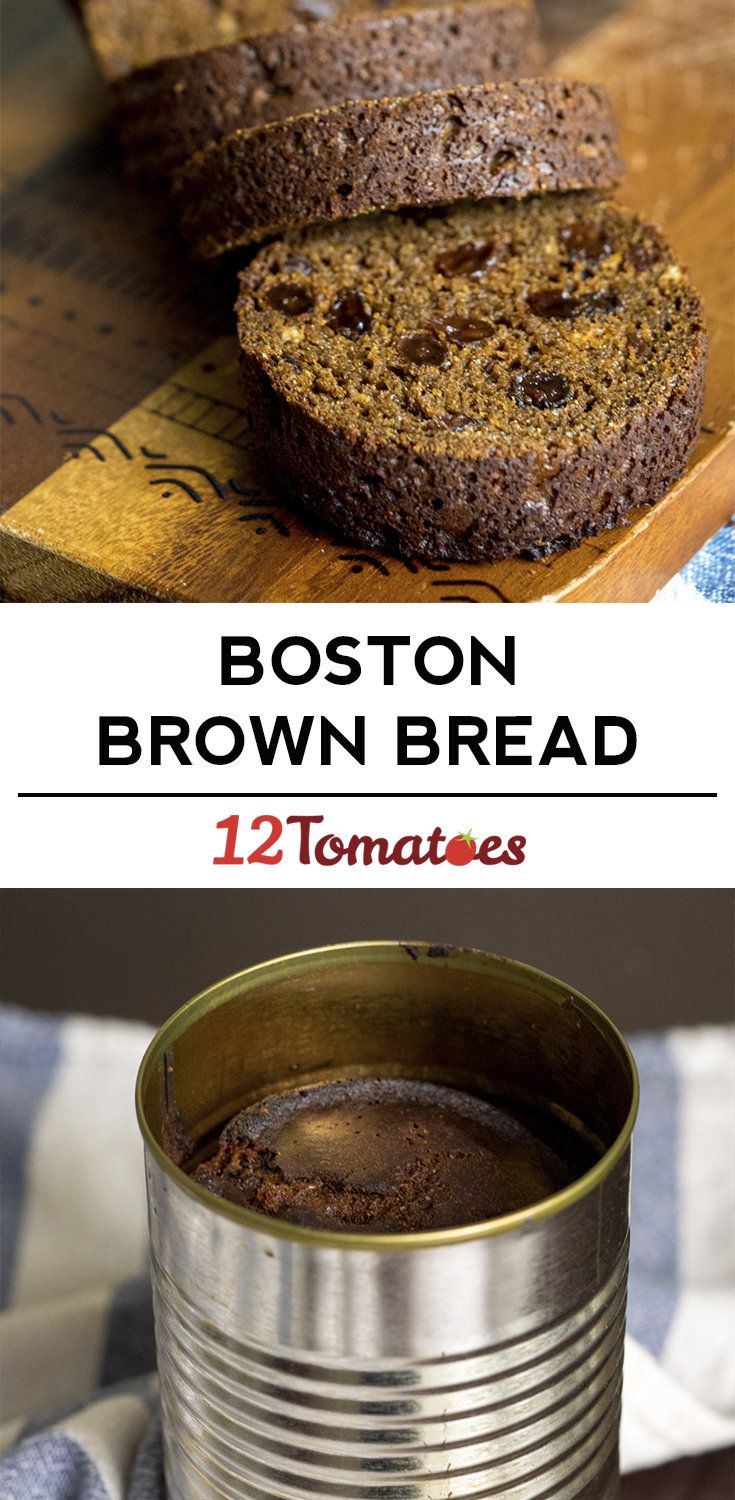 boston brown bread is in a tin on top of a cutting board