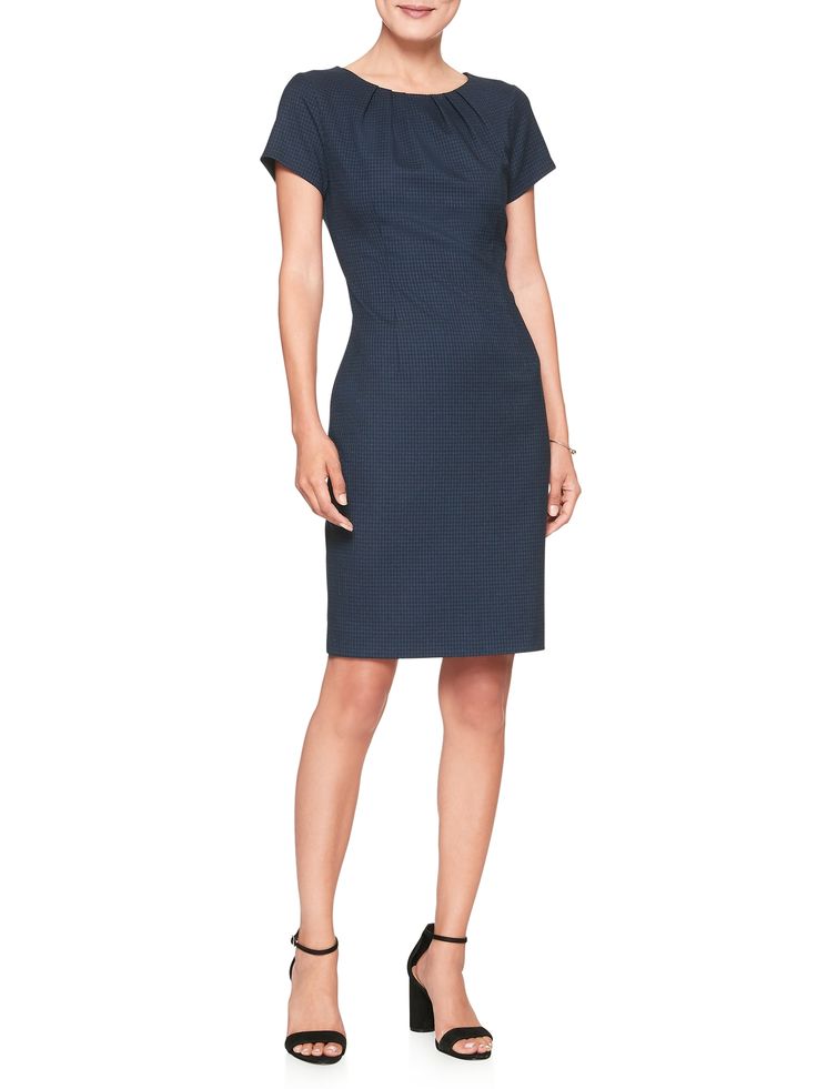 Gingham Sheath Dress | Banana Republic Factory Elegant Fitted Mini Dress With Boat Neck, Fitted Boat Neck Mini Dress For Formal Occasions, Elegant Pleated Dress With Straight Neckline, Elegant Dress With Pleated Straight Neckline, Pleated Waist Mini Dress For Work, Pleated Back Midi Dress For Work, Formal Dresses With Pleated Back And Asymmetrical Neckline, Short Sleeve Ruched Mini Dress For Work, Ruched Short Sleeve Mini Dress For Work