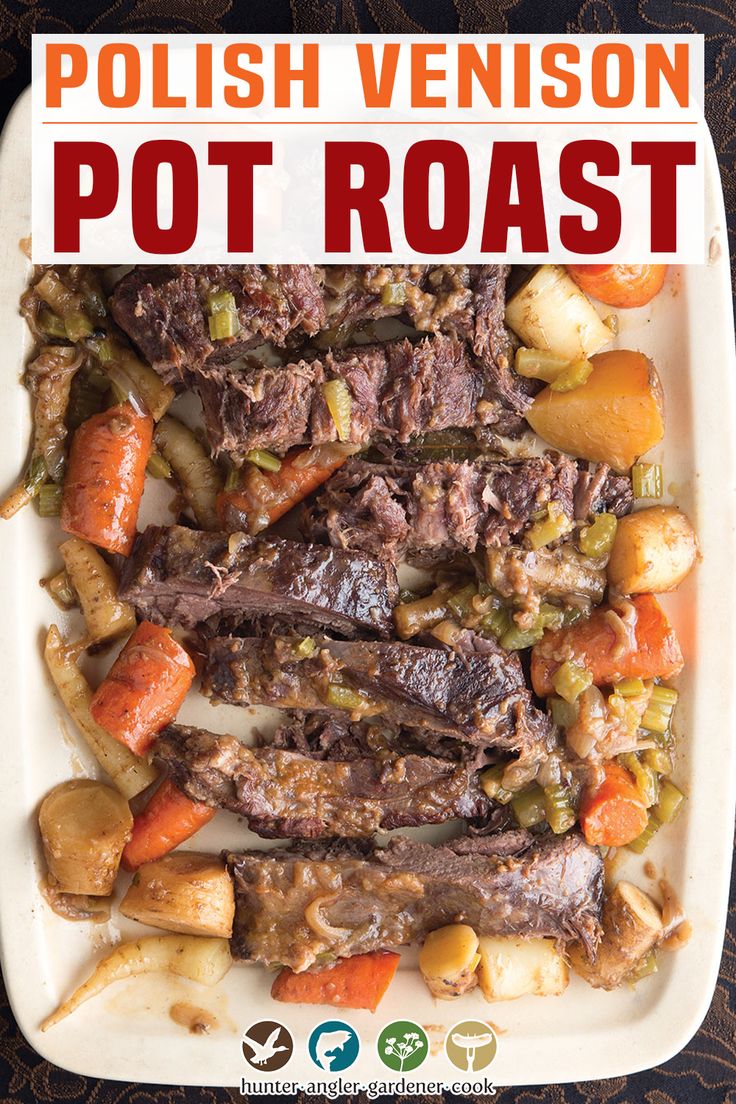 the cover of polish venison pot roast with carrots, potatoes and celery