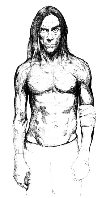 an ink drawing of a man with long hair and no shirt, holding his hands on his hips