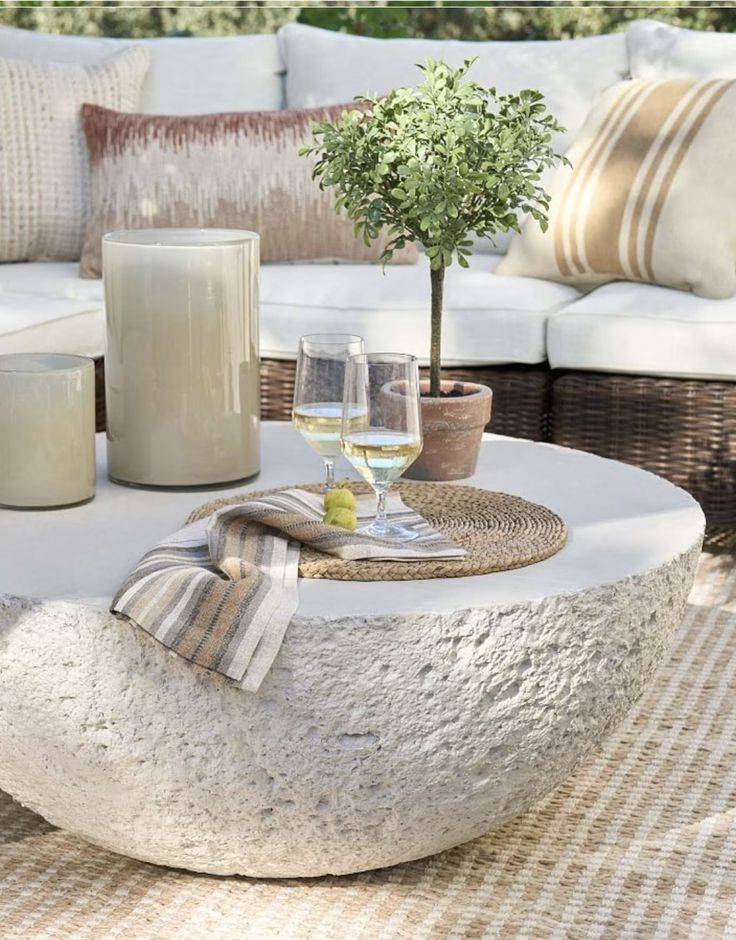 a table with two glasses of wine and a potted plant on top of it