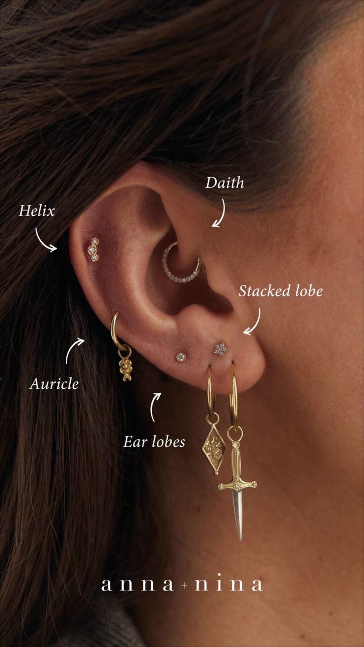 an ear with different types of piercings attached to the ears and behind it, there is