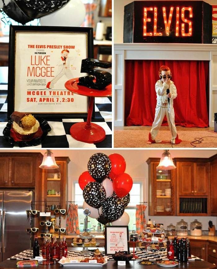 an elvis themed birthday party with balloons, cake and desserts for the guests to eat