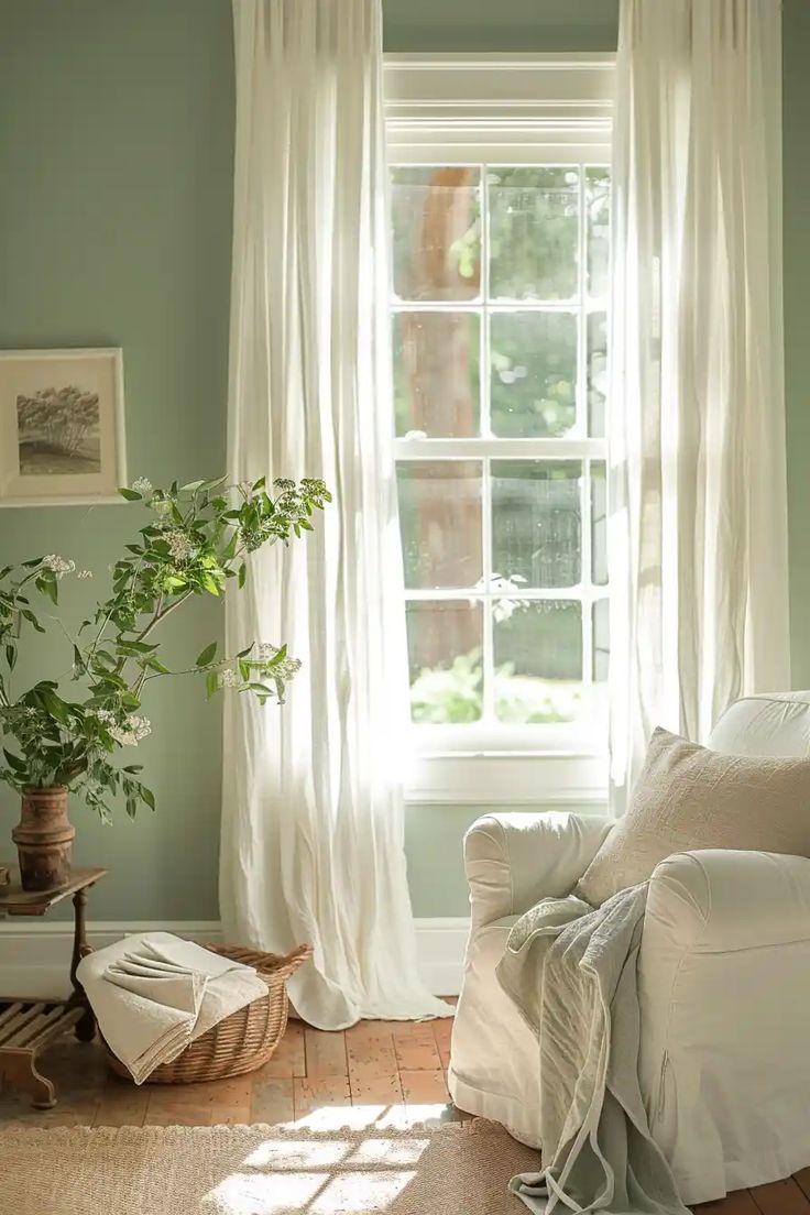 a living room filled with furniture and a window covered in white curtained drapes