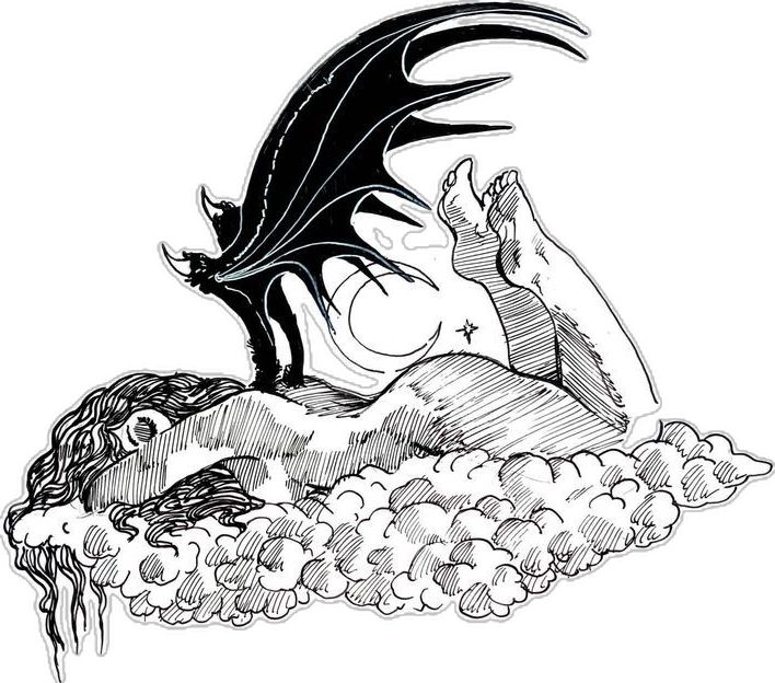 a black and white drawing of a woman laying on the clouds with a dragon flying above her