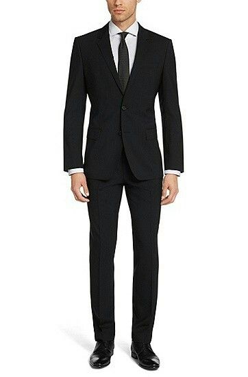 Huge/Genius' | Slim Fit, Stretch Virgin Wool Suit by BOSS Black Fitted Suit, Groom Suit Black, Formal Suits Men, Best Indian Wedding Dresses, Terno Slim, Suit Fit Guide, Hugo Boss Suit, Stylish Mens Suits, Black Suit Men