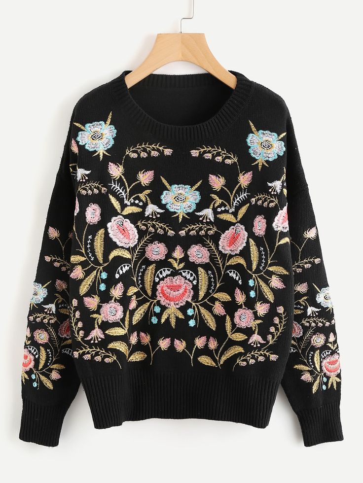 Symmetric Botanical Embroidered Jumper -SheIn(Sheinside) Floral Knitwear, Embroidered Sweaters, Embroidered Jumper, Girls Night Outfit, Boho Pullover, Flower Sweater, Woolen Sweaters, Pullover Mode, Embroidery Sweater