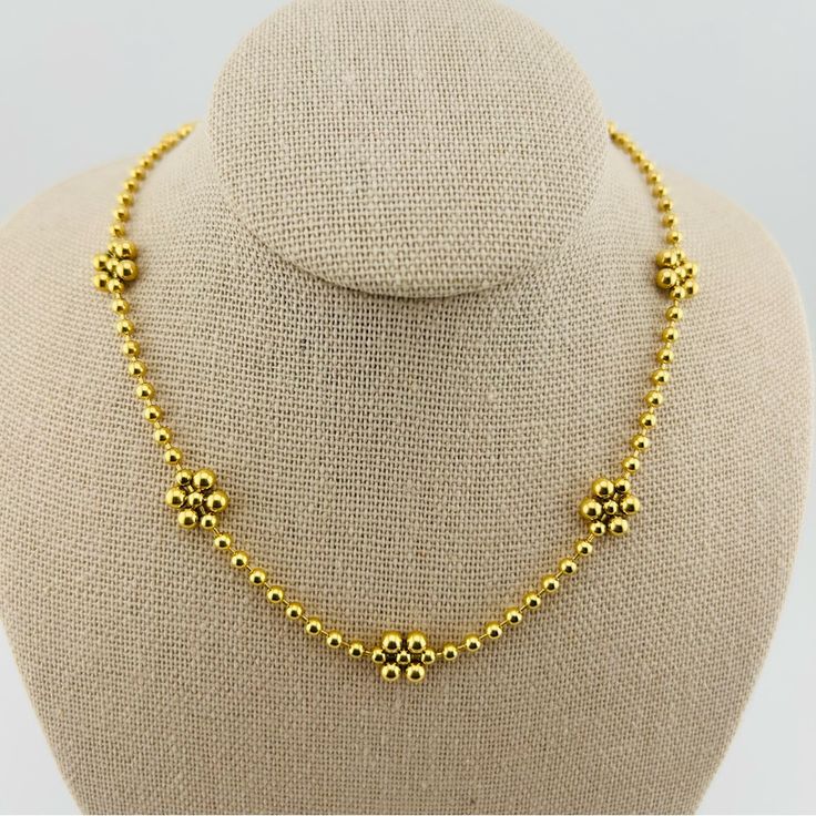 Stainless Steel Water Proof Brand New Gold Flower Necklace With Round Beads, Gold Flower Necklace With Beaded Chain, Gold Flower Necklace With Beaded Round Beads, Gold Beaded Flower Necklace With Round Beads, Gold Flower Shaped Necklace With Beaded Chain, Adjustable Gold Beaded Flower Necklace, Yellow Gold-plated Necklaces With Tiny Beads, Elegant 14k Gold-filled Beaded Necklace Gift, Adjustable 14k Gold-filled Beaded Necklace For Gift