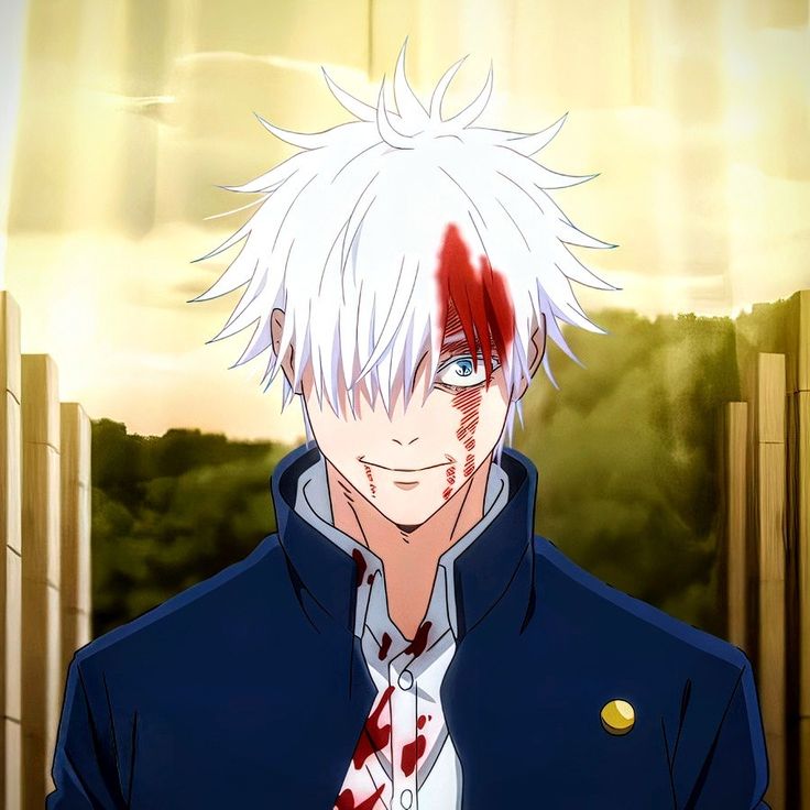 an anime character with white hair wearing a blue jacket and red tie, standing in front of trees