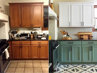 before and after pictures of kitchen cabinets painted green