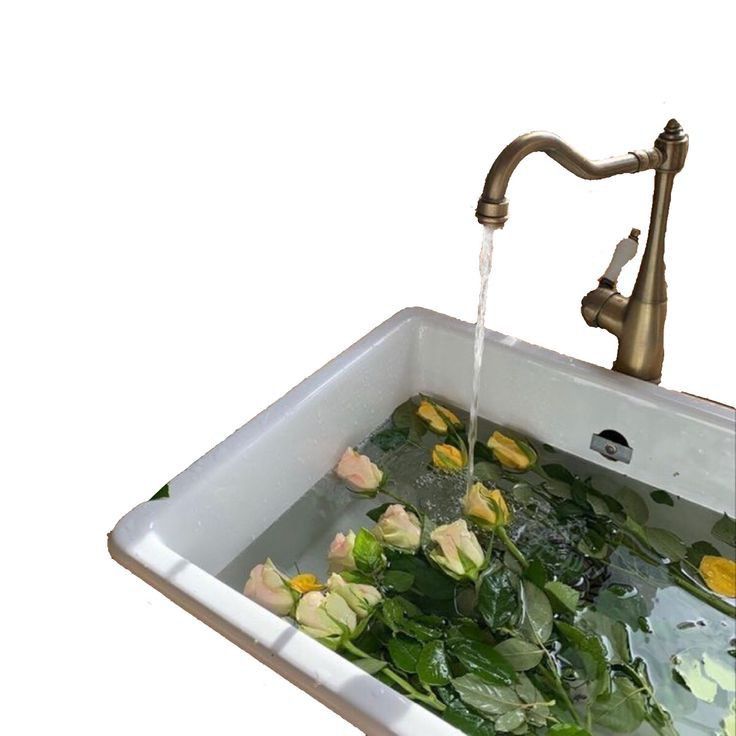 a sink filled with water and flowers on top of the faucet next to it