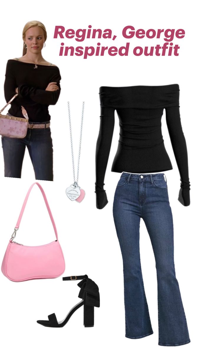 a woman in black shirt and jeans holding a pink purse