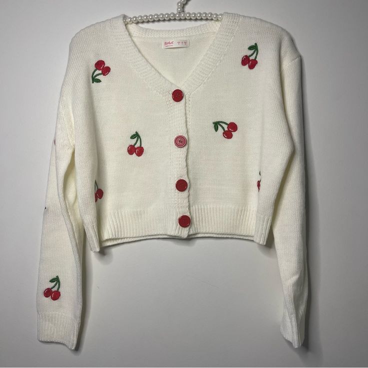 Nwot Cherry Embroidered Cardigan, No Flaws, Size M. Sleeves-22” Chest-21 1/2” Length-16” Cute Long Sleeve Embroidered Cardigan, Cute Embroidered Cotton Cardigan, Spring Casual Embroidered Cardigan, Casual Embroidered Spring Cardigan, Casual Cotton Cardigan With Floral Embroidery, Casual Winter Cardigan With Floral Embroidery, Casual Long Sleeve Cardigan With Floral Embroidery, Red Cotton Cardigan For Spring, White Embroidered V-neck Cardigan