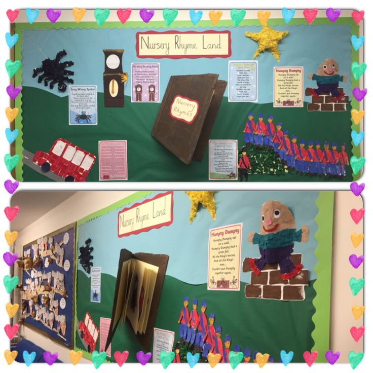 two bulletin boards with pictures of children's books on them and decorations around the edges