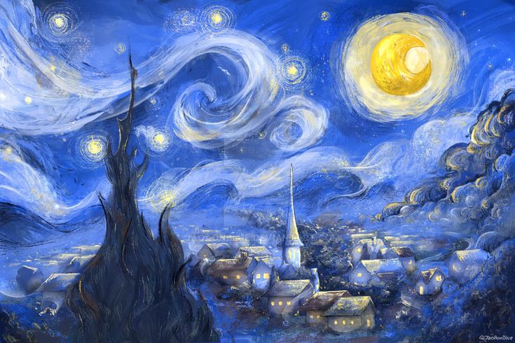 a painting of a starry night with the moon in the sky and buildings below