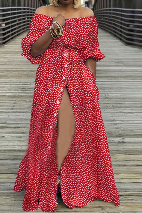 Polka Dot Feminine High Split Maxi Dress White Sundress Long, Button Maxi Dress, Off Shoulder Long Dress, Elegante Y Chic, Long Sundress, Look Casual Chic, Maxi Dresses Fall, Elegant Party Dresses, Dress Sleeve Styles