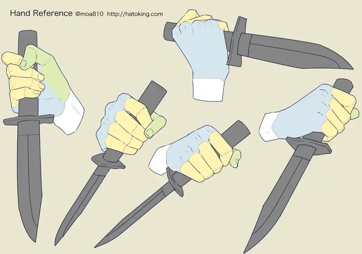 four different types of knifes with hands holding knives in the middle one is yellow and the other two are black