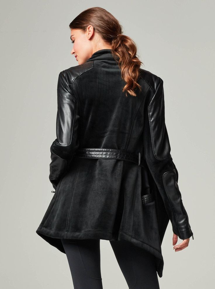 FEATURES & BENEFITS The Drape Velour Jacket is the ultimate wardrobe staple. Vegan leather (PU) detail trim runs throughout the body of the jacket and on the belt. Features front pockets, accent zippers on sleeves, and thumbholes on cuffs. This jacket is ready for wherever the day (or night) takes you! One of our bestsellers, this is also featured in other colors. CB Length 31-1/2" FABRIC CONTENTS •Fabric Details: 100% Polyester•Contrast: 100% Polyurethane•Contrast 2: 100% Silk SIZE & FIT Model Velour Jacket, Sandals For Sale, Short Leggings, Faux Fur Jacket, Faux Leather Jackets, Fur Jacket, The Body, Jogger Pants, Clothes For Sale