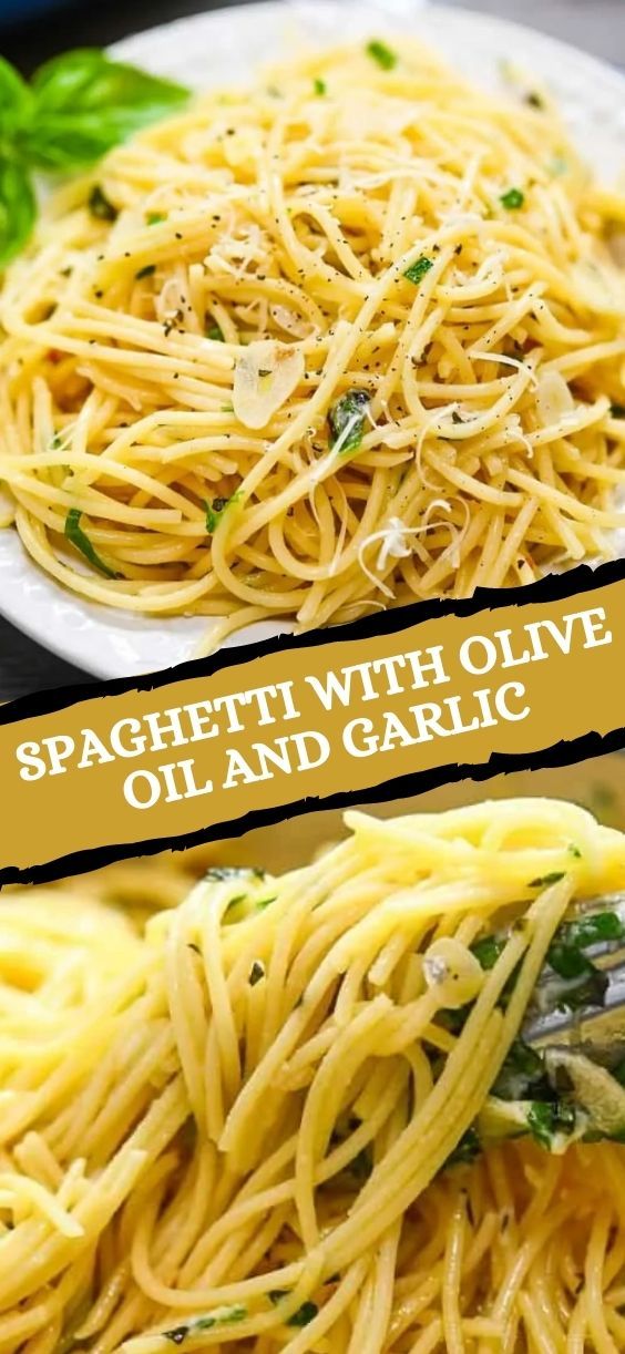 spaghetti with olive oil and garlic on a white plate, topped with parsley leaves