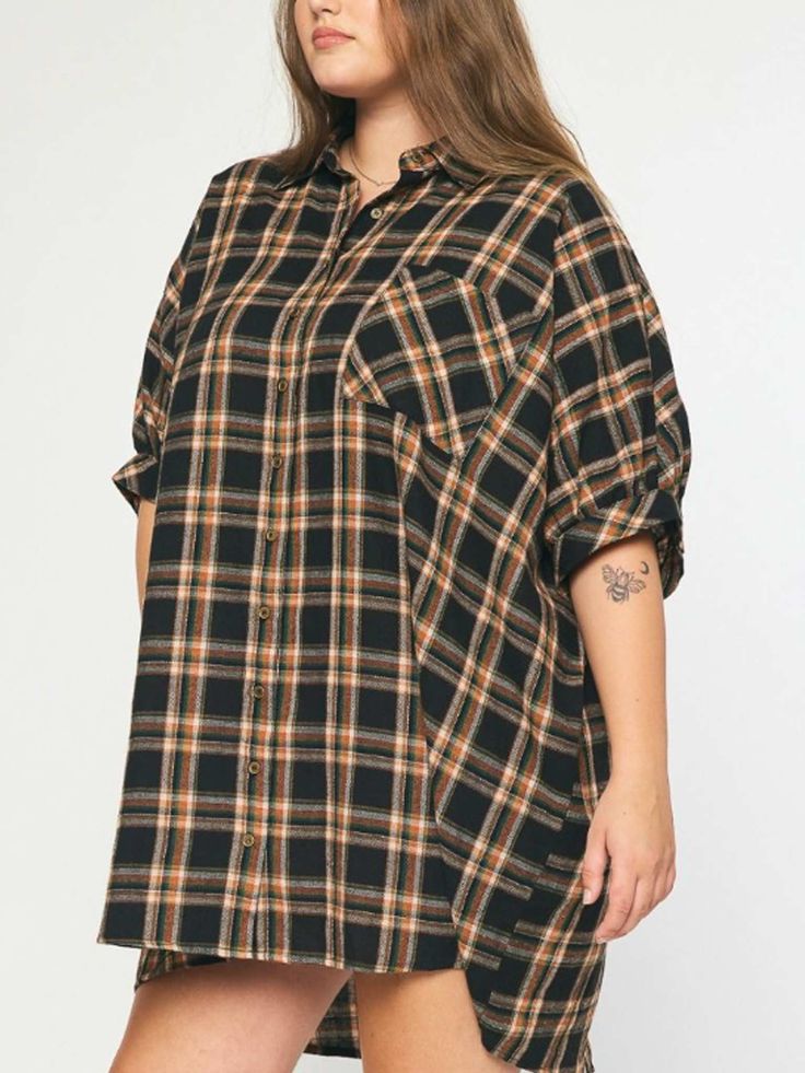 This oversized flannel dress combines black, tan, and beige hues for a versatile and stylish look. Featuring short, cuffed sleeves and a front chest pocket, it offers both functionality and fashion-forward appeal. Pair it effortlessly with boots or sneakers to create a trendy ensemble perfect for the spring season. SIZE & FIT Oversized fit Model is wearing size XL Size down for smaller fit Knee High Western Boots, Plaid Flannel Dress, Plaid Shirt Dress, Oversized Flannel, Flannel Dress, The Perfect Girl, The Ritz, Plaid Dress Shirt, Fall Favorites