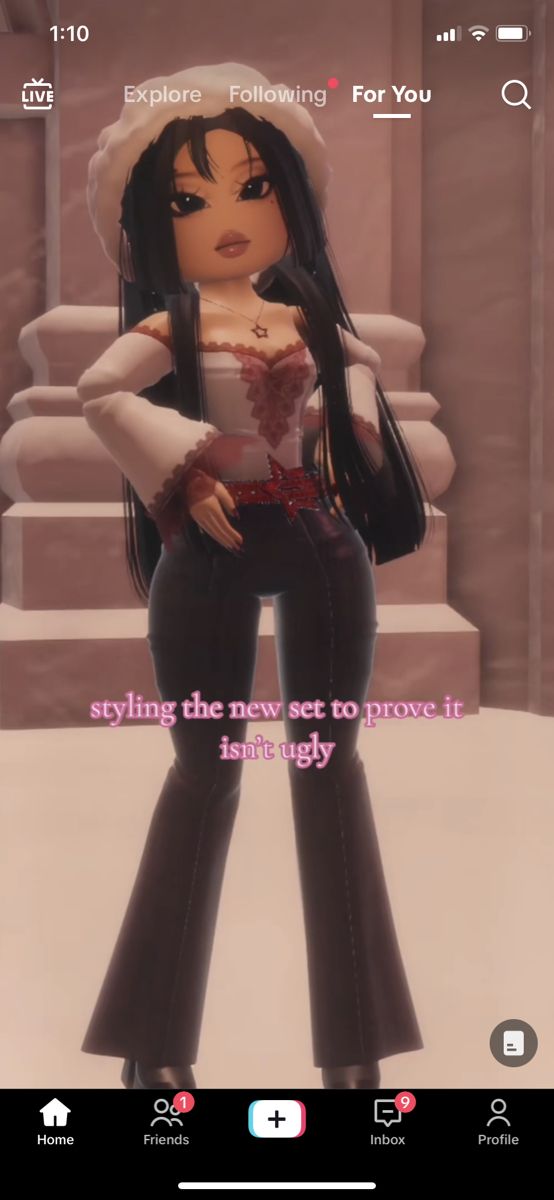 an animated image of a woman with black hair and white shirt, standing in front of stairs