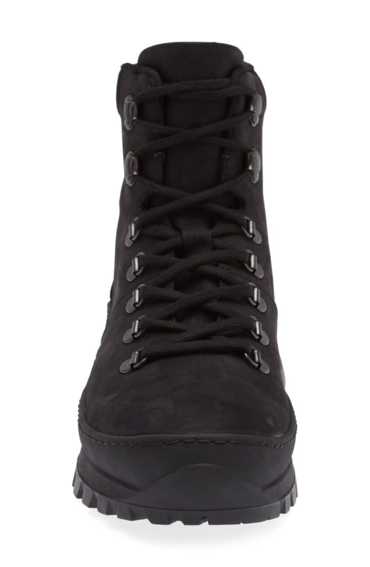 A toothy lugged sole and padded collar nod to traditional hiking aesthetics in this rugged lace-up boot foil-stamped with its style number, color code and size at the heel. Lace-up style Leather upper/textile and leather lining/synthetic sole Made in Italy Designer Shoes Rugged Combat Boots With Lug Sole For Hiking, Lug Sole Ankle Hiking Boots For Outdoor Activities, Lace-up Combat Boots With Reinforced Toe For Walking, Rugged Lace-up Boots With Lug Sole, Lace-up Moto Boots With Lug Sole For Hiking, Lug Sole Ankle Combat Boots For Hiking, Lace-up Combat Boots With Vibram Sole For Adventure, Waterproof Lace-up Boots With Lug Sole For Outdoor Work, Ankle Lace-up Boots With Vibram Sole For Hiking