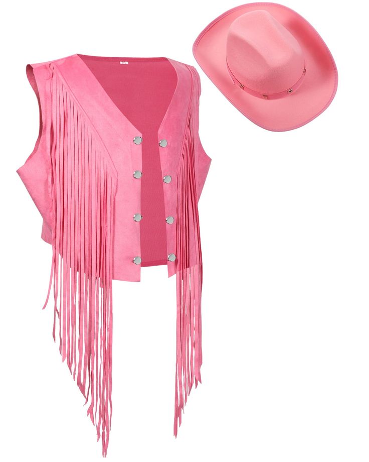 a pink cowboy hat and vest with fringes on the front, one piece is shown