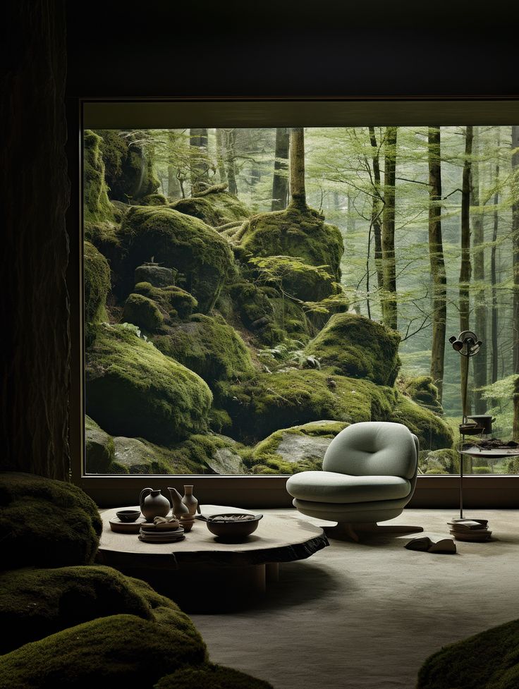 a living room with moss covered walls and floor to ceiling windows looking out onto the woods