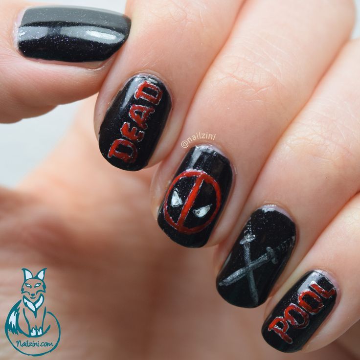 Nailzini: A Nail Art Blog: Deadpool Nail Art Deadpool Acrylic Nails, Dc Nail Art, Deadpool And Wolverine Nail Art, Deadpool Nail Art, Deadpool And Wolverine Nails, Marvel Nail Art, Deadpool Nails, Wolverine Nails, Pikachu Nails