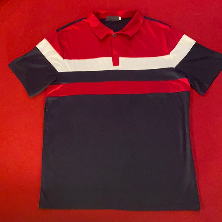 Brand New Red Collared Sporty Shirt, Casual Red Color Block Shirt, Navy Collared Color Block Top, Navy Color Block Collared Top, Red Collared Color Block Top, Cheap Red Color Block T-shirt, Multicolor Color Block Short Sleeve T-shirt, Red Color Block Short Sleeve T-shirt, Multicolor Flag Print Casual T-shirt