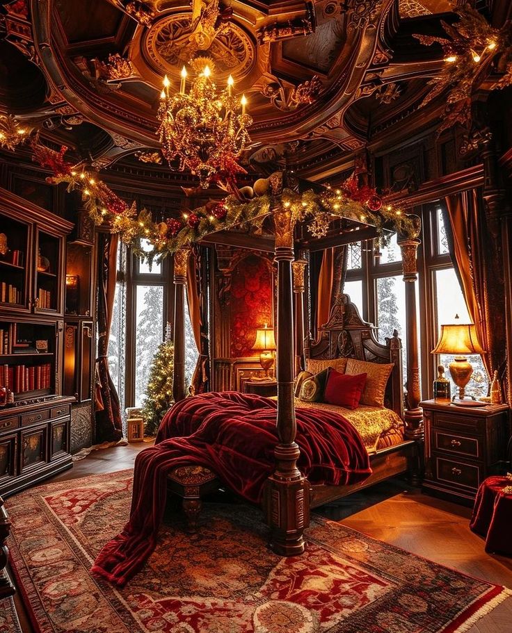 a bedroom decorated in red and gold with a canopy bed, chandelier, windows, rugs and christmas decorations