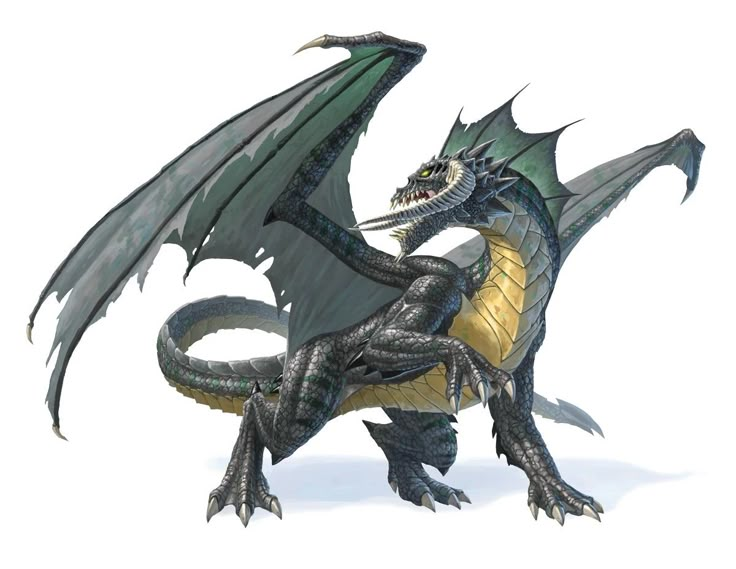 a large black and yellow dragon sitting on top of a white ground with its wings spread