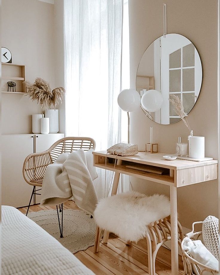 a bedroom with a desk, mirror and chair