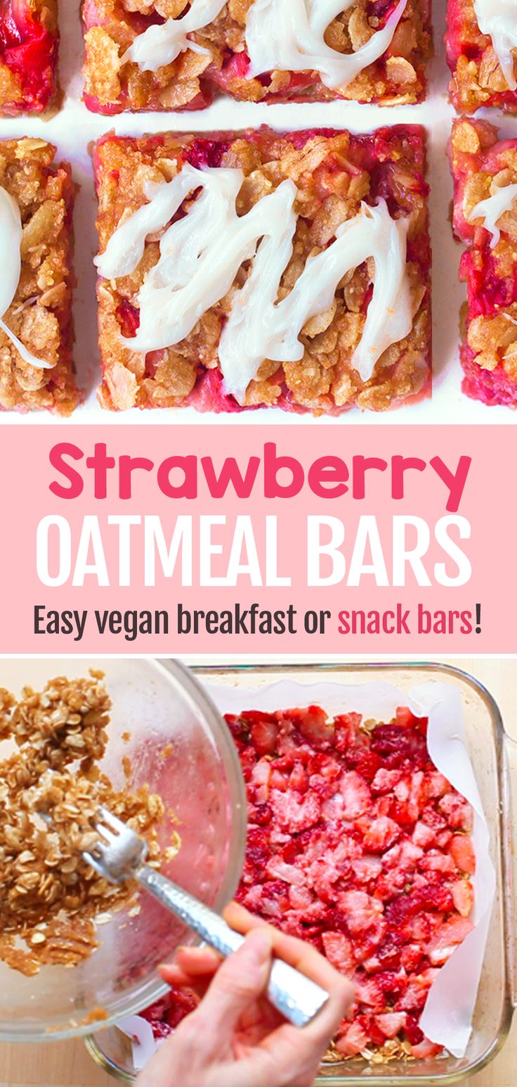 strawberry oatmeal bars with white icing on top