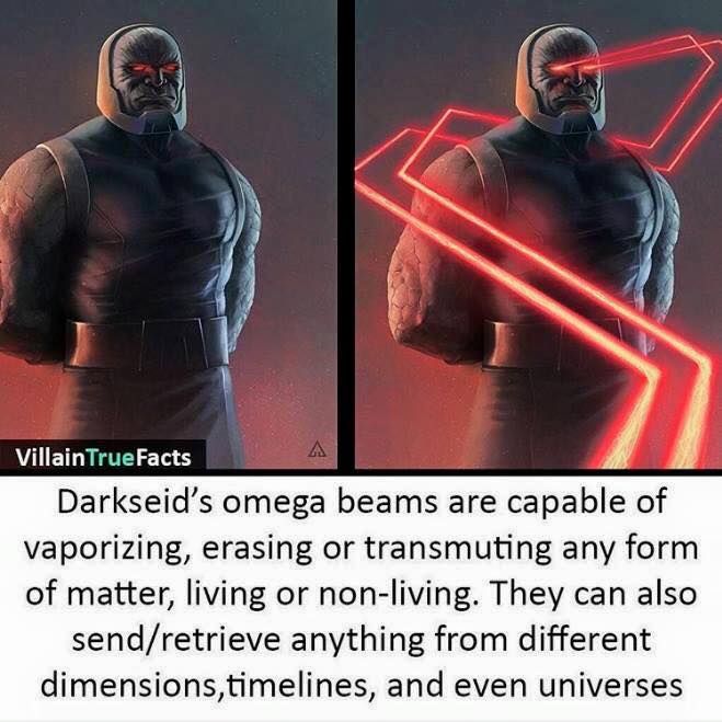 an image of a man with red lights on his face and the caption reads, darkside's mega beams are capable of vaporizing, eras or transmuting any form of matter