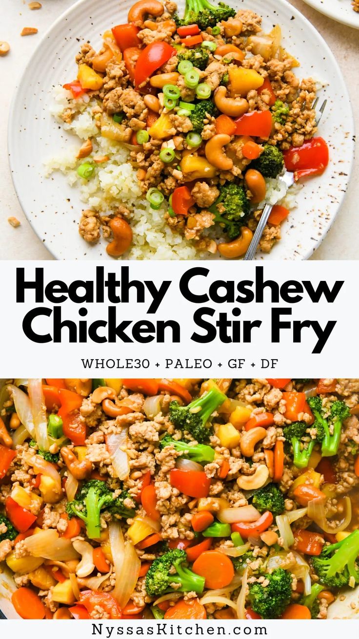 healthy cashew chicken stir fry with broccoli and carrots