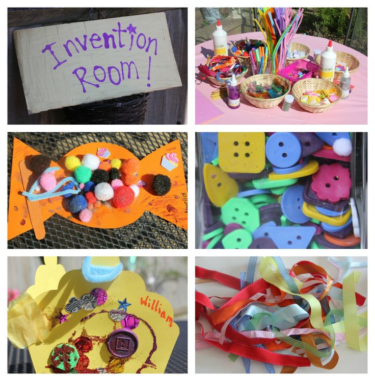 there are many different pictures with buttons and ribbons on them that say invention room,