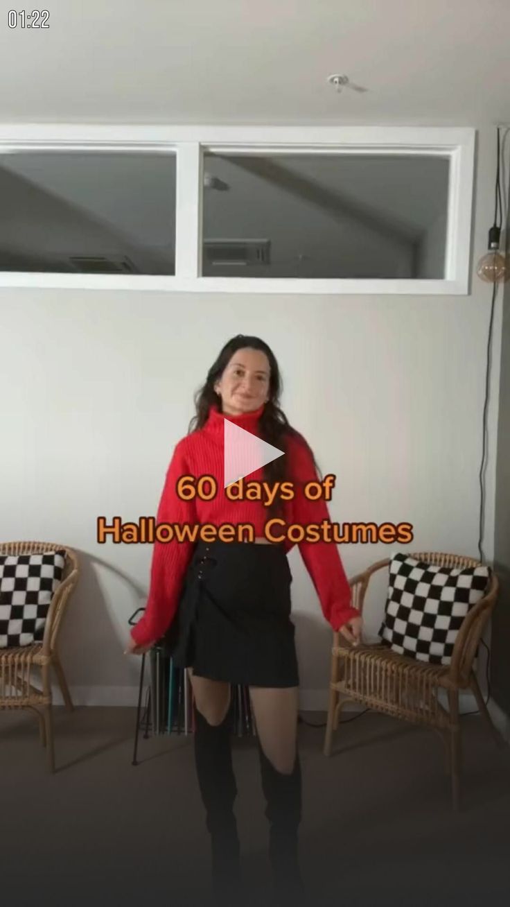 a woman in a red jacket and black skirt holding a white piece of paper with the words 60 days of halloween costumes on it