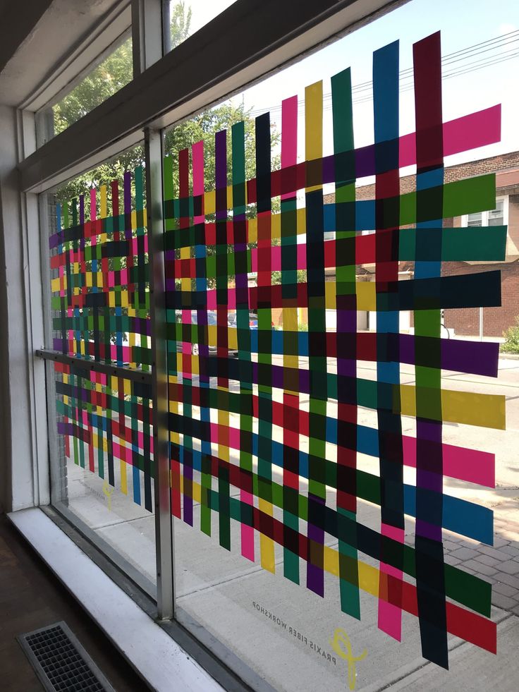 a large window with colorful squares on it