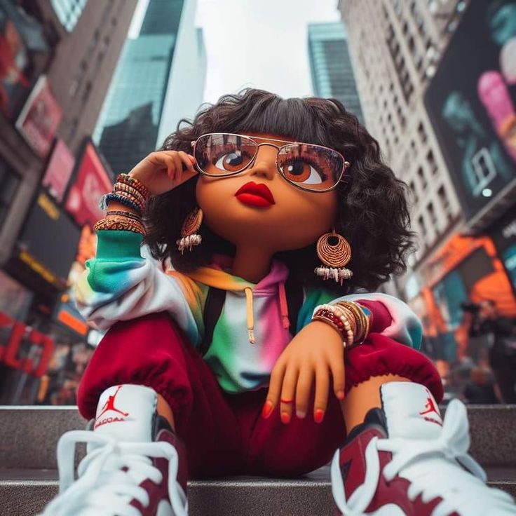 a doll with glasses sitting on the steps