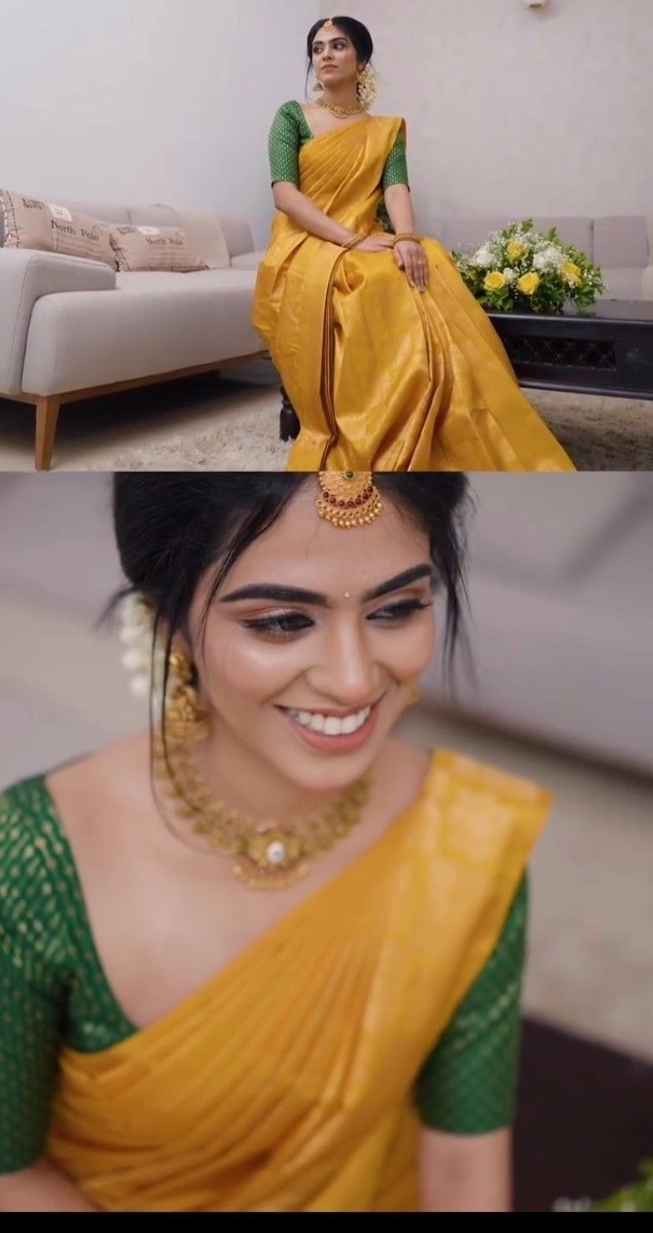 a woman sitting on top of a couch wearing a yellow sari and green blouse