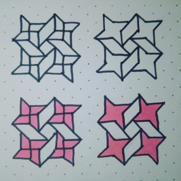 four different shapes are shown in pink and black on a sheet of paper with dots