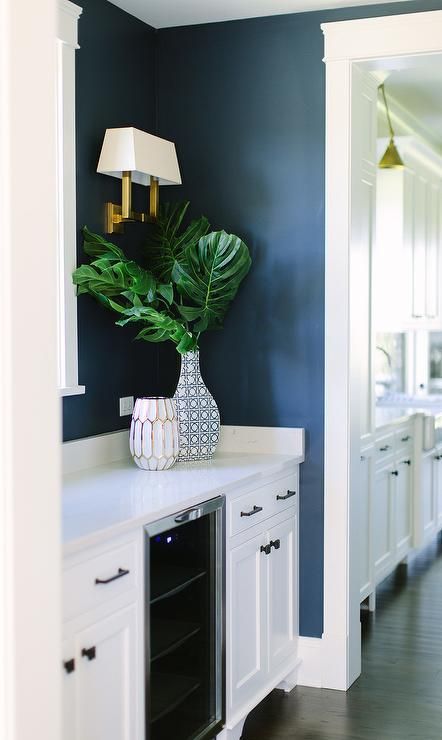 a kitchen with white cabinets and a green plant in a vase on top of the counter