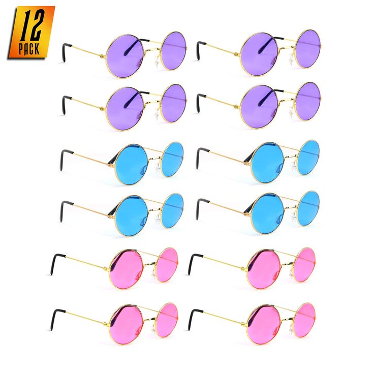 twelve pairs of sunglasses with purple and blue lenses on each one, 12 per pack