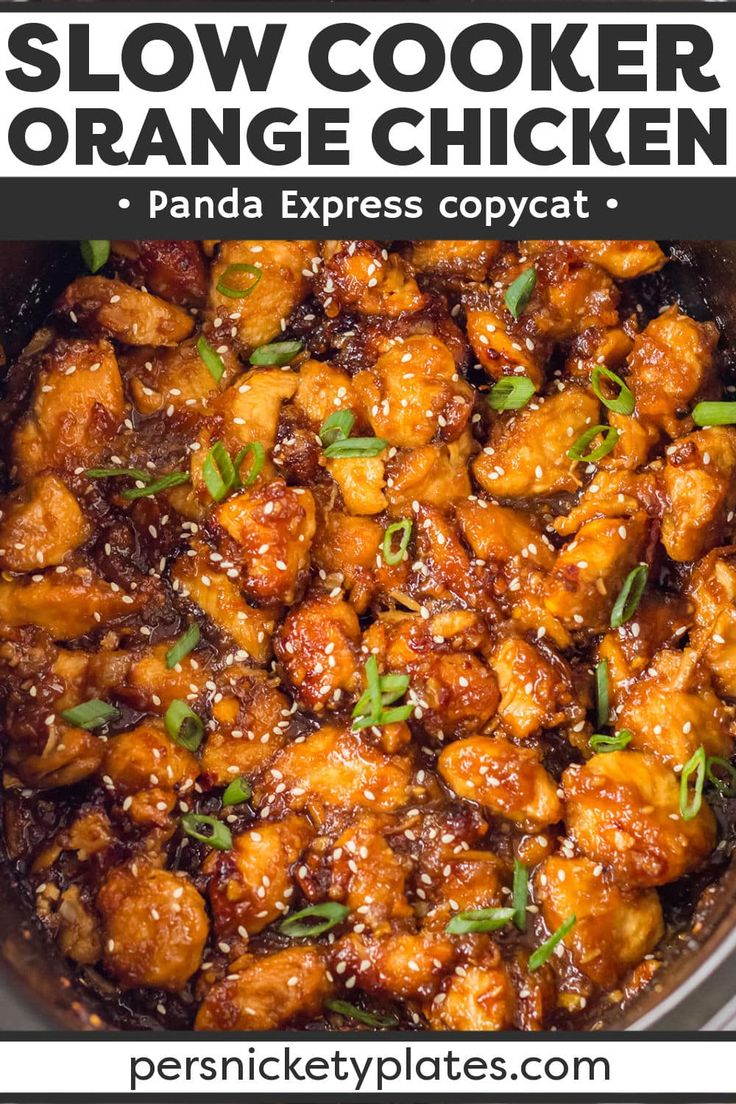 slow cooker orange chicken in a pan with text overlay that reads, slow cooker orange chicken panda express copycat