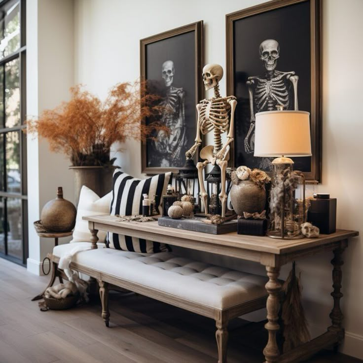 a living room filled with furniture and skeletons on the wall next to a window sill