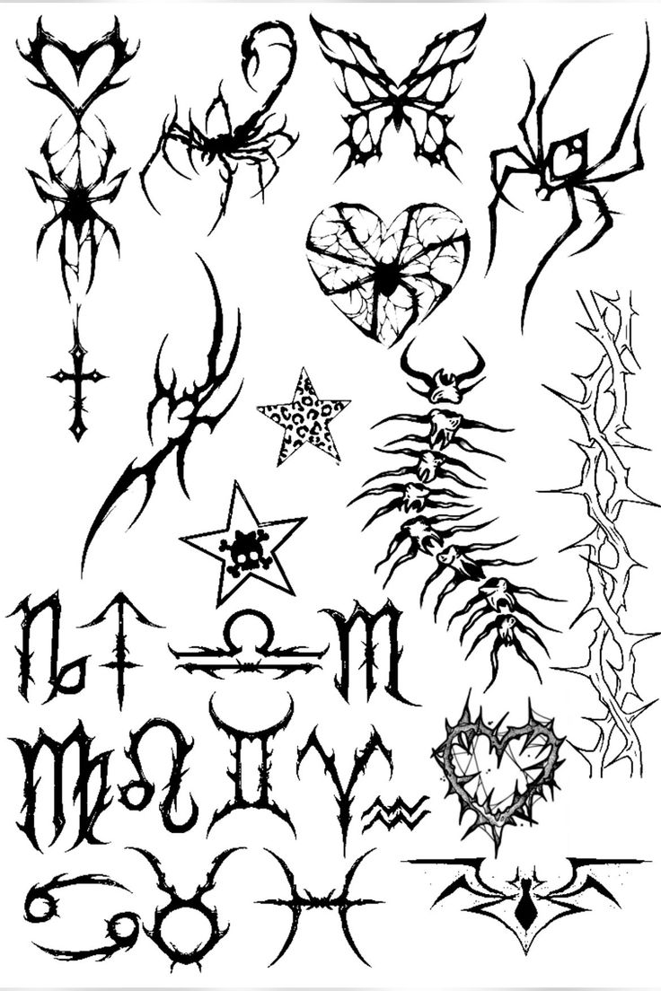 various tattoo font and symbols on a white background