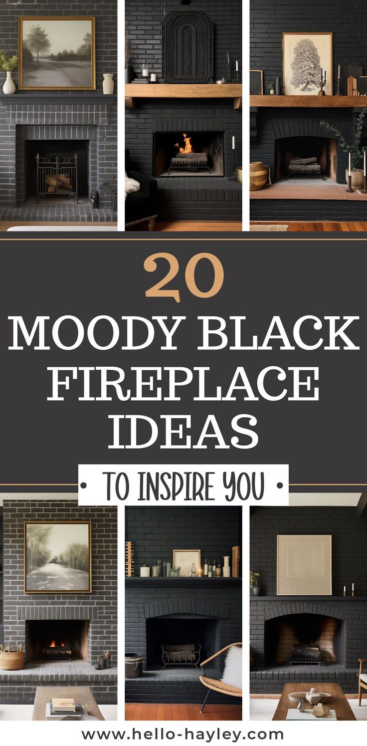 20 Moody Black Fireplace Ideas To Inspire You Black Fireplace Brown Mantel, Black Fireplace With Gold Accents, Black Painted Mantel Fireplaces, Black Trim Fireplace, Tile Around Fireplace Ideas Farmhouse, Soap Stone Fireplace Hearth, Bold Fireplace Ideas, Moody Fireplace Mantle, Dark Fireplace Tile